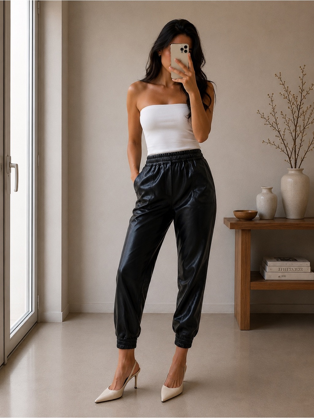 Club Monaco Genuine Lamb Leather Jogger Pants, Size 00, Black, Brand New